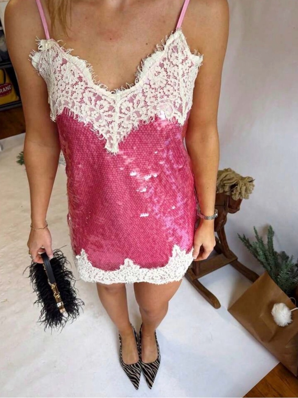 Sequin Slip Mini Dress with Cream Lace Trim in Pink